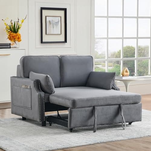 Convertible Sleeper Sofa Bed with Velvet Upholstery & Side Pocket.