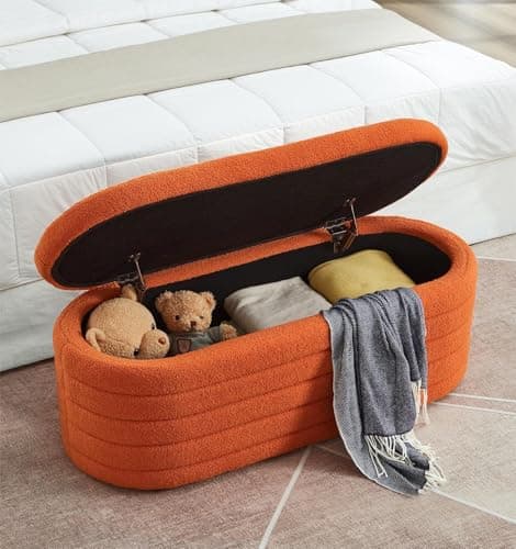 White Sherpa Padded Ottoman Bench with Storage for Living Room and Bedroom