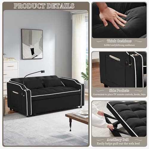 JEEOEHY 3-in-1 Convertible Velvet Sleeper Sofa Bed with USB Port, Adjustable Backrest, Phone Stand, and Cup Holder for Small Spaces (Black)