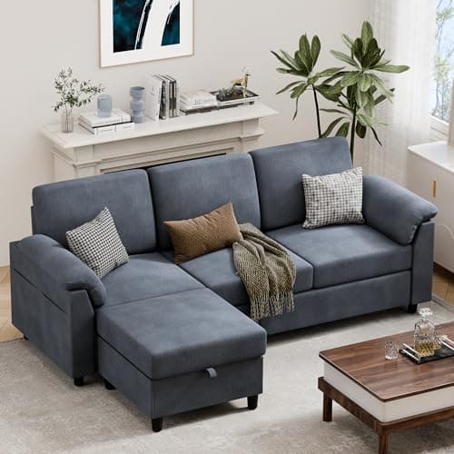 Vongrasig 79" L-Shaped Couch with Storage Ottoman, Light Grey Linen Fabric