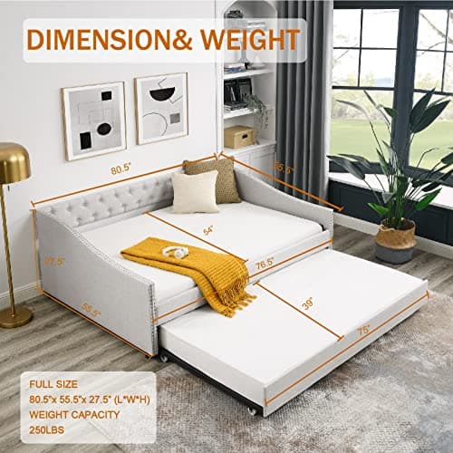 JEEOHEY Beige Button Tufted Full Size Upholstered Daybed with Trundle