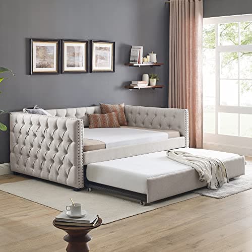 Modern Upholstered Daybed with Trundle for Teens - Light Grey