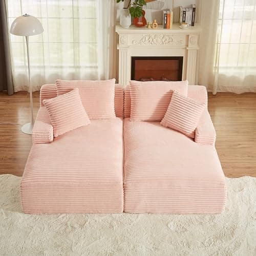 Eafurn Corduroy Upholstered Chaise Lounge Sofa with Ottoman & Cupholders