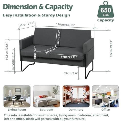 51 Small Sofa Couch with USB Ports, Modern Grey Loveseat for Small Spaces