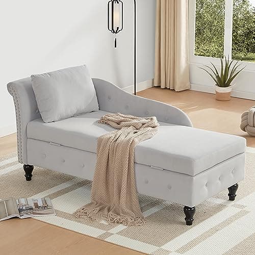 Beige Button-Tufted Armless Chaise Lounge with Solid Wood Legs & Pillow for Living Room