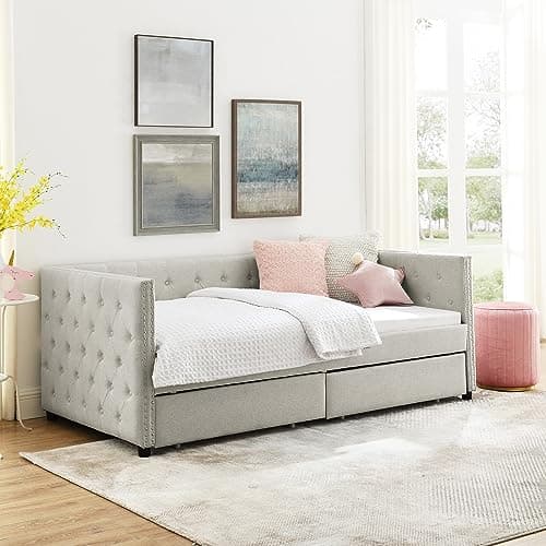 Modern Twin Daybed with Storage and 2 Drawers for Apartment Bedroom, Beige