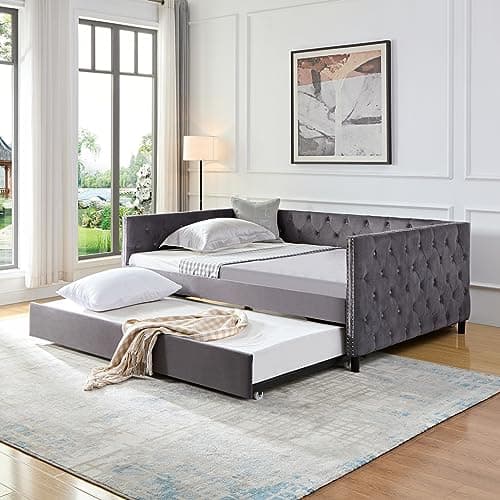 Modern Velvet Twin Daybed with Trundle, Button-Tufted Sofa Frame, Furniture for Bedroom, Living Room, Guestroom