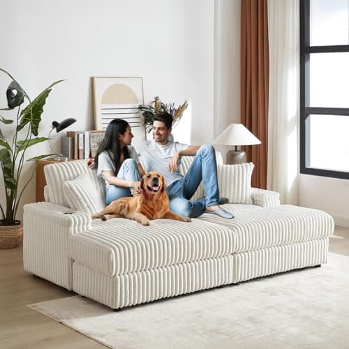 Beige 84 Oversized Chaise Lounge Chair with Ottoman, Storage & Cup Holders - Modern Sectional Sofa Bed for Living Room, Office (3 Seater)