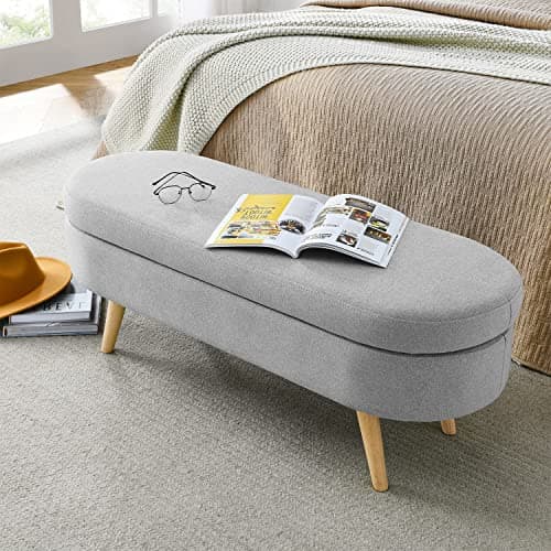 End of Bed Storage Ottoman Bench, 43 Oval Linen Fabric Vanity Bench