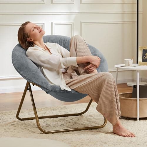 YSSOA Grey Foldable Faux Fur Saucer Chair for Adults & Teens