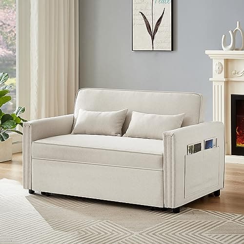 JEEOHEY 3-in-1 Convertible Sleeper Sofa Bed, 54 Linen Fabric Modern Pull Out Couch Bed, Comfy Futon Love Seat Sofa with Adjustable Backrest & Pillows, Beige