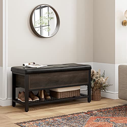 Dark Brown HOSTACK Entryway Shoe Bench with Flip-Open Storage