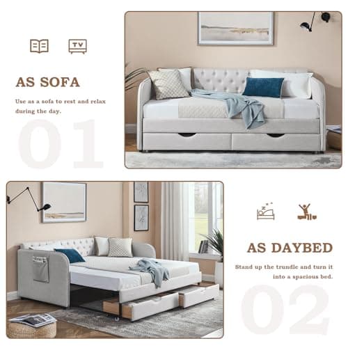 Twin Size Day Bed with Trundle and Storage Drawers for Living Room or Guest Room