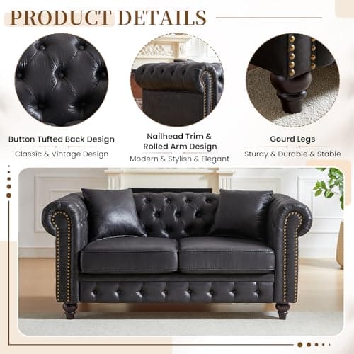 Mid-Century Modern Black 2-Seater Chesterfield Sofa with Nailhead Trim