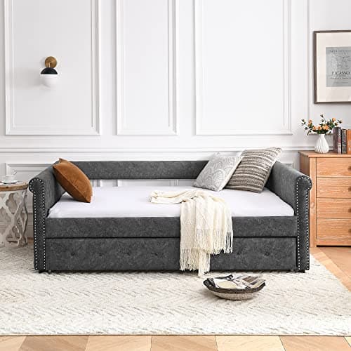 JEEOHEY Modern Velvet Daybed with Trundle, Grey