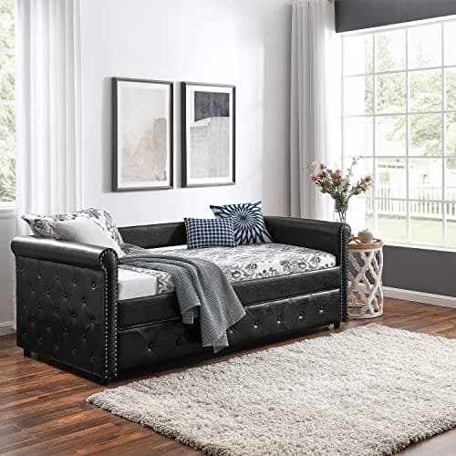 Modern Upholstered Daybed with Trundle, Twin Size, Button Tufted, No Box Spring Needed, Black