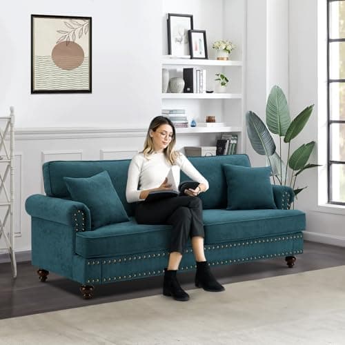 78 Comfy 3 Seater Sofa Couch Chenille Fabric Upholstered Mid Century Modern Sofa Living Room Furniture Sets Green