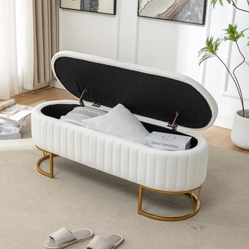 Modern Velvet Upholstered Storage Bench with Golden Metal Legs - Ivory