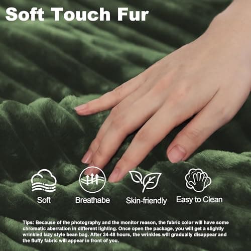 Oversized Green Faux Fur Chaise Lounge Chair with Thick Backrest & 3 Pillows