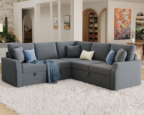 Jocisland 85" Oversized L-Shaped Sleeper Sofa with Storage, Grey Linen