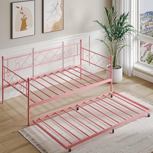 IDEALHOUSE Metal Twin Daybed with Trundle & Stylish Pink Headboard