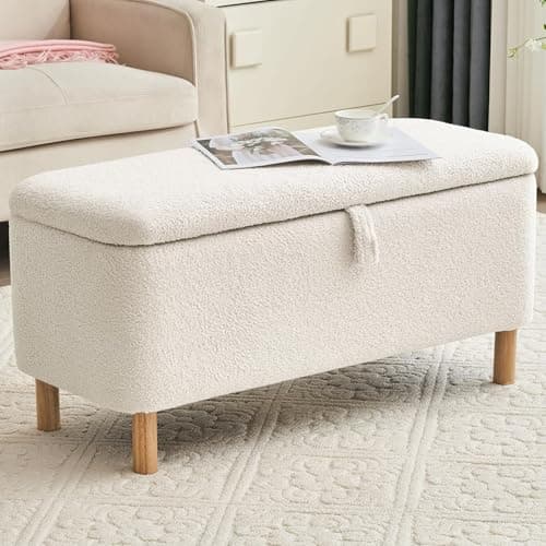 Pink Sherpa Upholstered Boucle Storage Ottoman for Bedroom Entryway