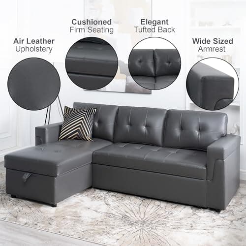 Naomi Home Dark Gray/Air Leather Sleeper Sectional Sofa Bed & Chaise - Tranquil Comfort