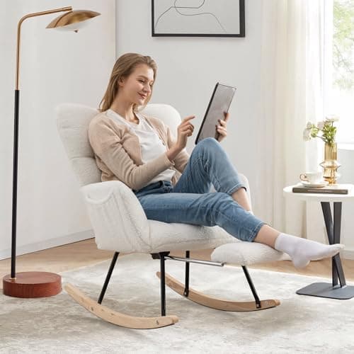 JEEOHEY Teddy Glider Rocking Chair with Footrest and High Backrest for Nursery, Living Room, and Bedroom (Caramel)