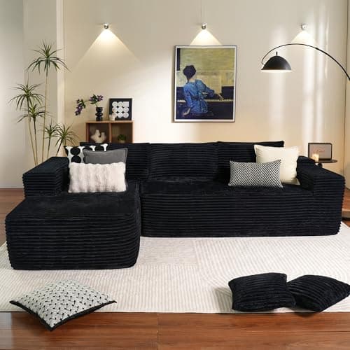 Ovios 104" Cloud Sectional with L-Shape Chaise, Plush Black Corduroy Sofas