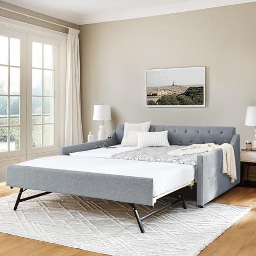 JEEOHEY Dark Grey Twin Day Bed with Pop Up Trundle & USB Port