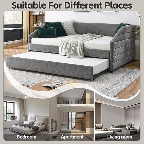 JEEOHEY Twin Size Daybed with Trundle, Modern Upholstered Linen Sofa Bed, Solid Wood Frame, Grey