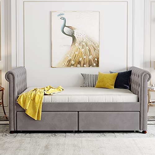 Velvet Daybed with Storage Drawers and Striped Headboard Design, Twin Size, Pink