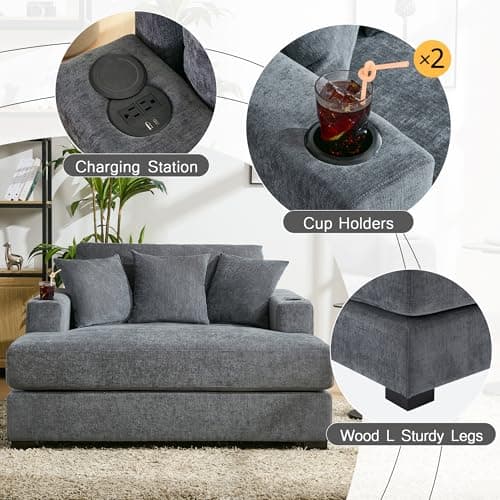 Blue-gray 55" Oversized Chaise Lounger with Chenille Fabric, Pillows, Charge Station & Cup Holders