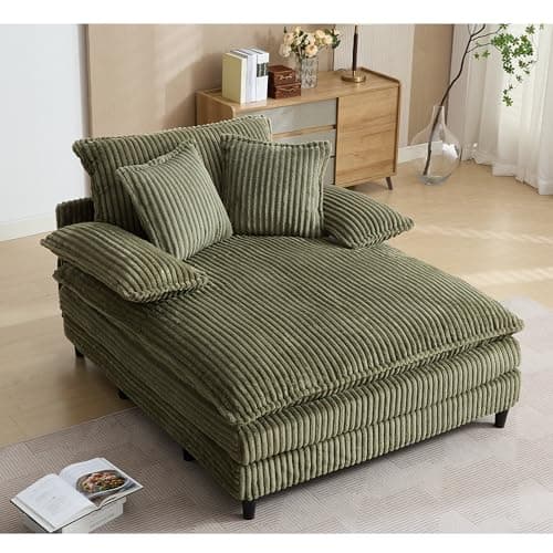 Eafurn Corduroy Upholstered Chaise Lounge Sofa with Ottoman & Cupholders
