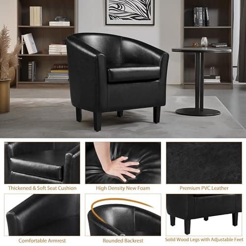Yaheetech Black Faux Leather Barrel Chair Set, Soft PaddedLiving Room Accent Chairs