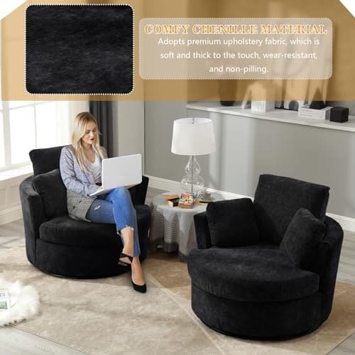 Modern Oversized Swivel Barrel Chair with Pillows for Living Room, Nursery, Bedroom, and Office – Black