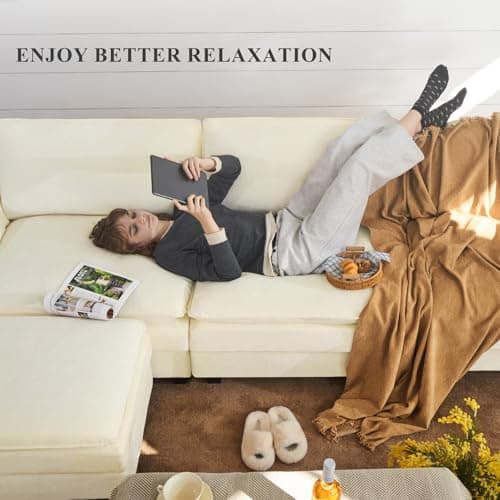 Beige L-Shaped 4-Seat Cloud Couch Sectional Sofa with Ottoman