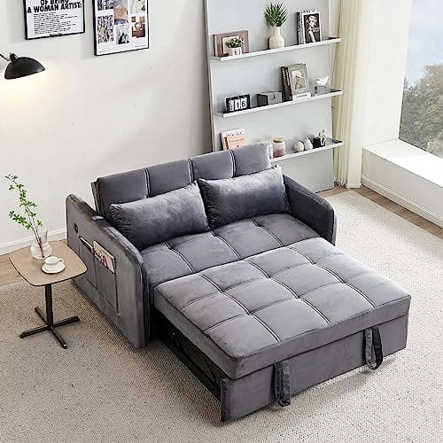 Modern Velvet Sleeper Sofa with USB and Adjustable Backrest