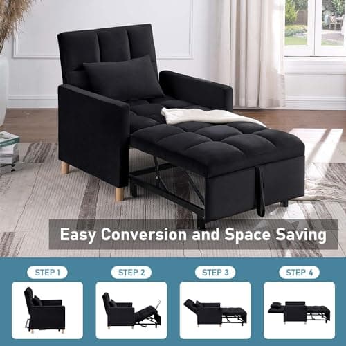 3 in 1 Convertible Sleeper Sofa, Black with Adjustable Backrest