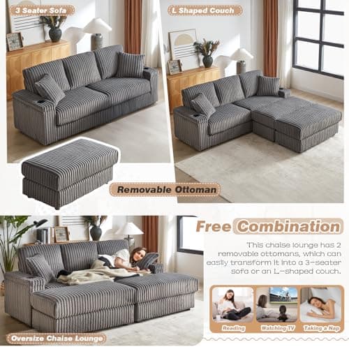 Grey 3 Seater Oversized Chaise Lounge with Storage & Cup Holders