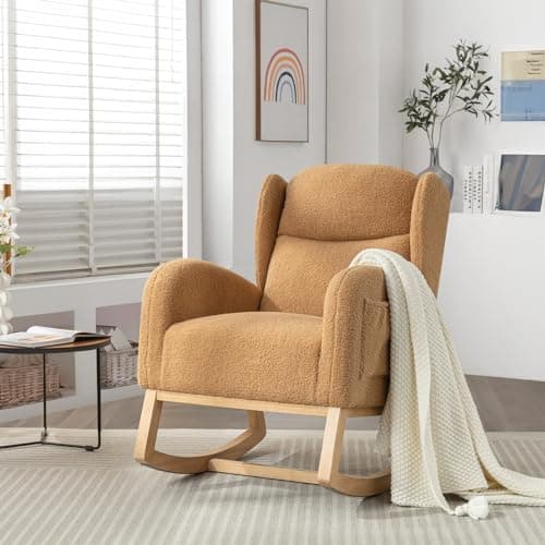 Rocking Chair for Nursery: Teddy Upholstered Glider with Side Pockets and High Backrest in Black