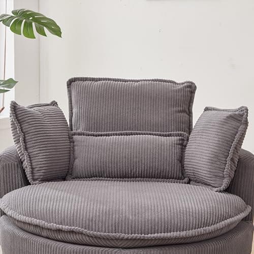 Oversized Grey Swivel Chair with Moon Ottoman & 4 Pillows