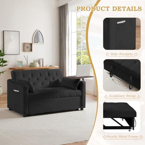 Convertible Sleeper Sofa Couch with Pull Out Bed, Velvet Futon Loveseat with Table & Reclining Back