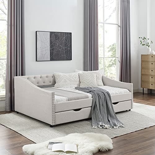 JEEOHEY Beige Button Tufted Full Size Upholstered Daybed with Drawers