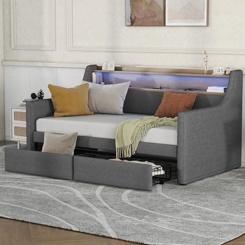 Twin Size Daybed with Storage Drawers, Charging Station and LED Lights, Gray Linen Fabric