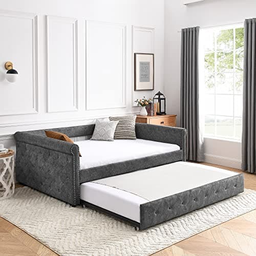 JEEOHEY Modern Velvet Daybed with Trundle, Grey