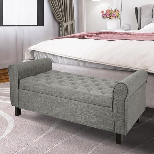 TY ARTS & CULTURE Large Gray Velvet Storage Bench for Bedroom & Entryway