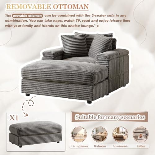 Oversized Chaise Lounge Chair with Ottoman, Corduroy Upholstered Sofa for Living Room, Bedroom, Office