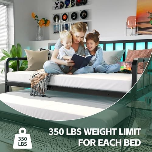 MU Black Metal Daybed with Trundle, Charging Station, and LED Lights