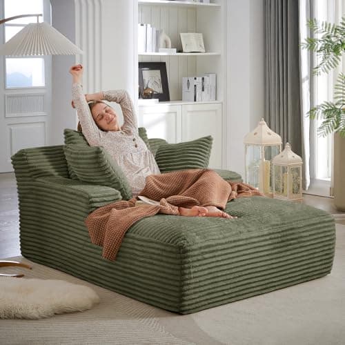Oversized Chaise Lounge Chair Army Green for Living Room with 3 Pillows and Comfy Fluffy Couch, Modern Deep Seat Sofa No Assembly Needed, 50"W Upholstered Corduroy Couch Single Sleeper
